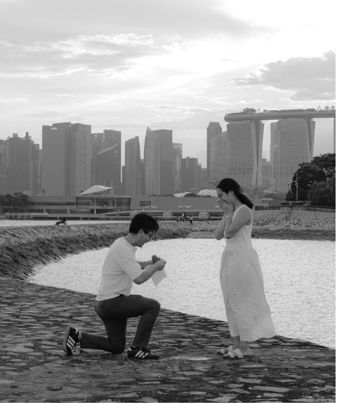 Bram proposing on one knee to Dee